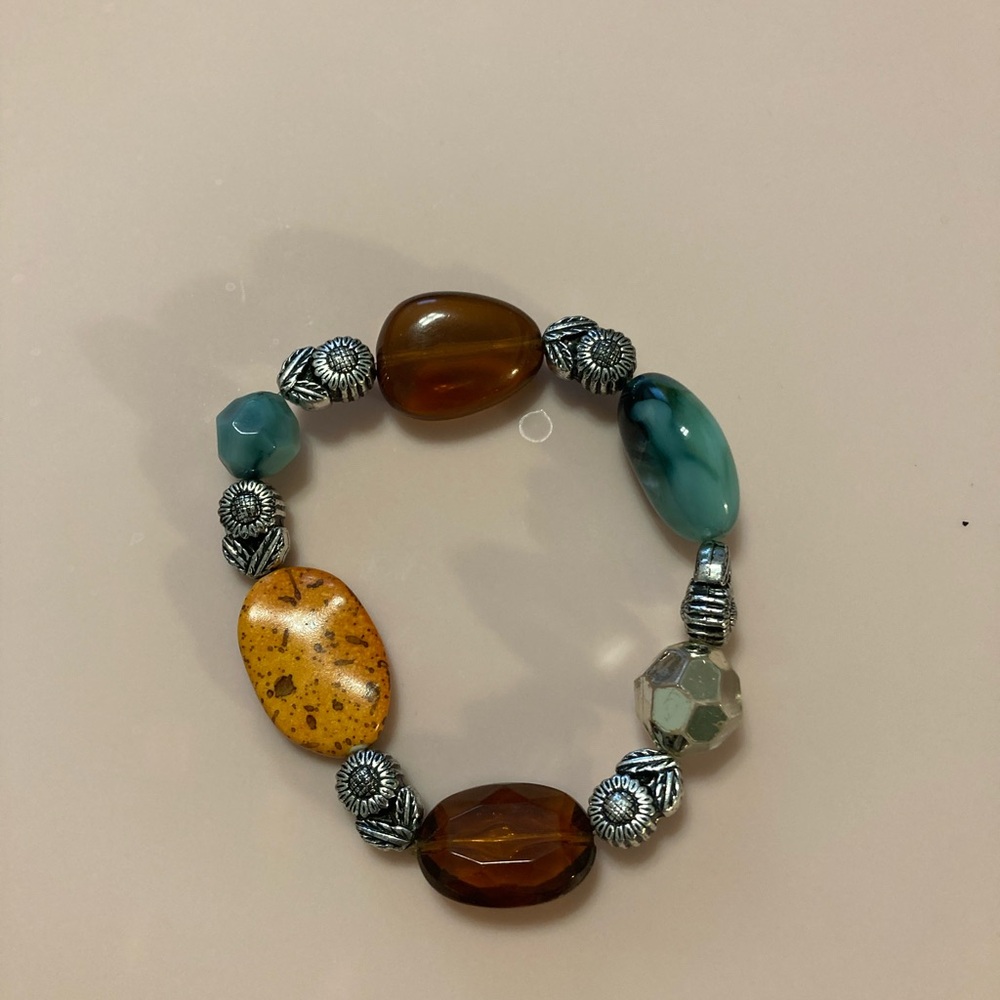 Brown and Blue Beaded Bracelet with Eclectic Design